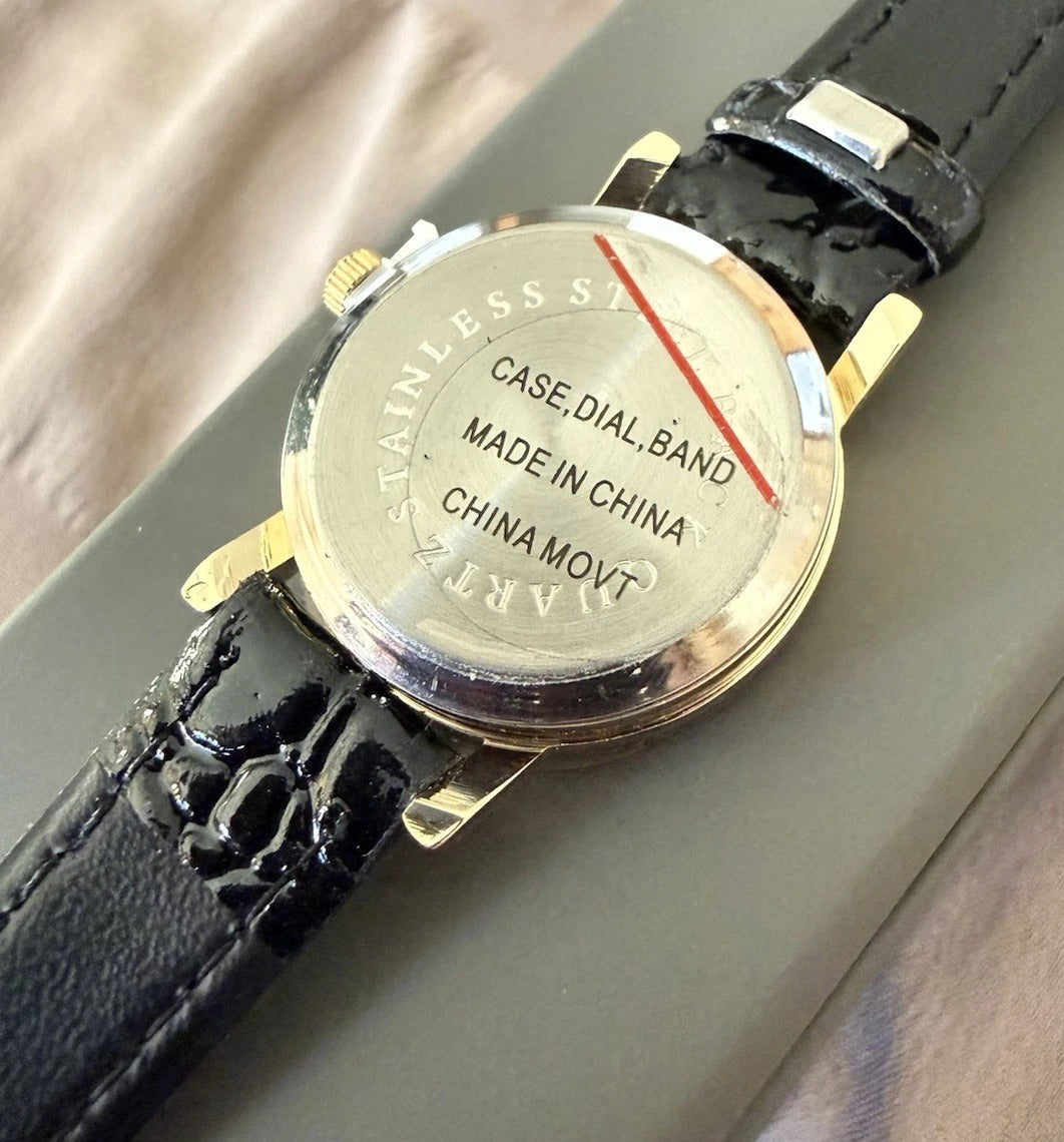 Vintage Brand New Diamond Chip Ladies Watch - Black Leather Band
