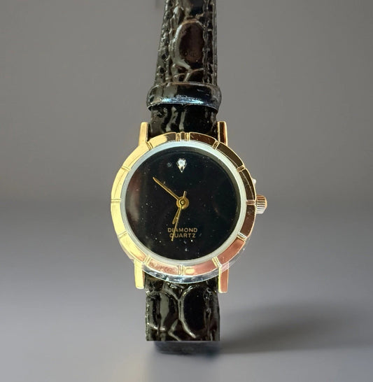 Vintage Brand New Diamond Chip Ladies Watch - Black Leather Band
