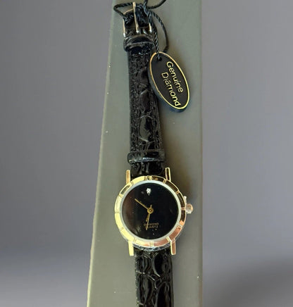 Vintage Brand New Diamond Chip Ladies Watch - Black Leather Band
