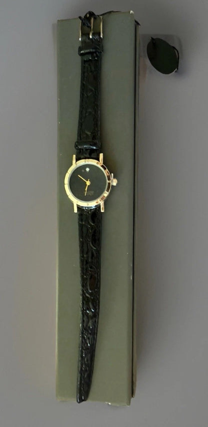 Vintage Brand New Diamond Chip Ladies Watch - Black Leather Band